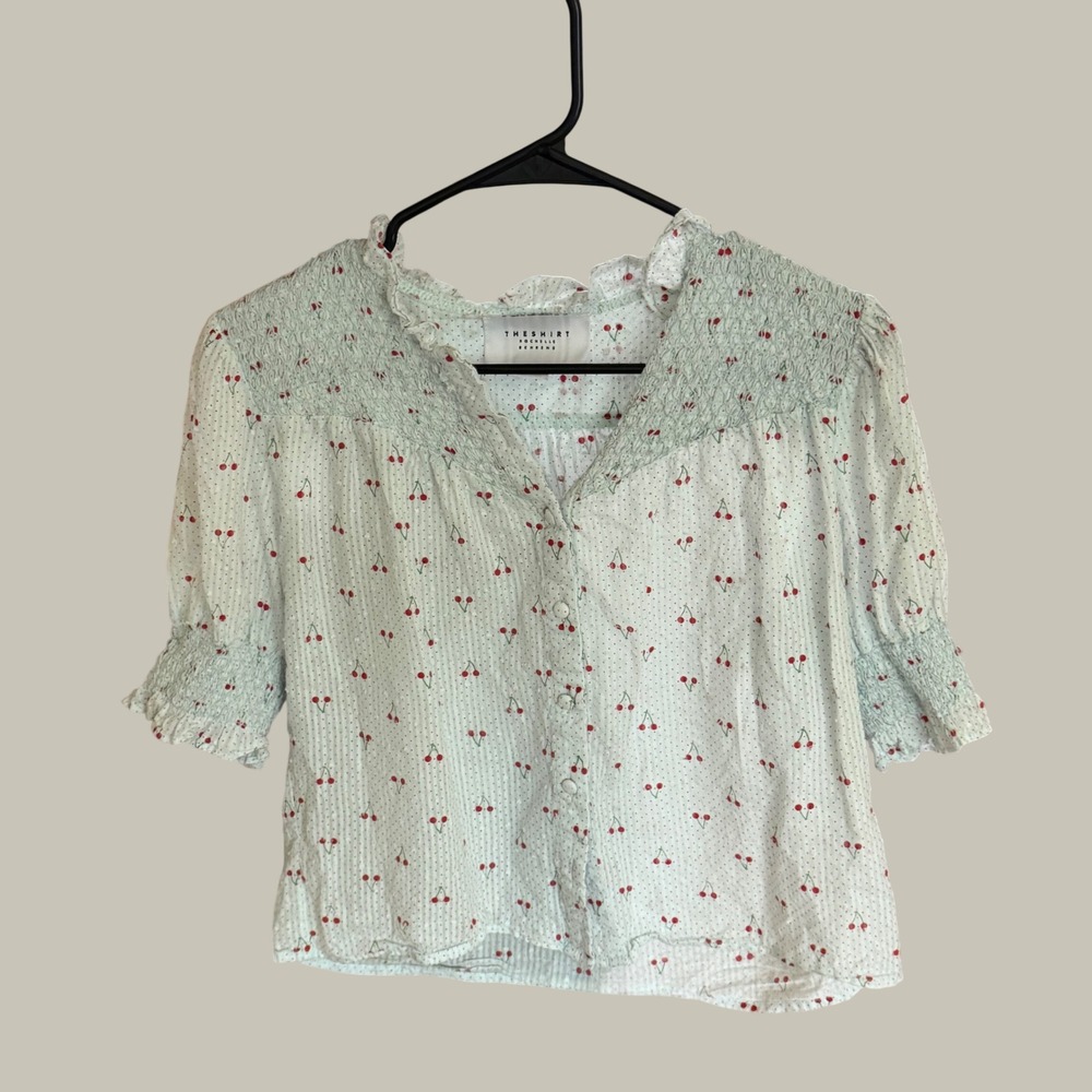 The Shirt Rochelle Behrens Cherry Print Smocked Puff Sleeve cotton S